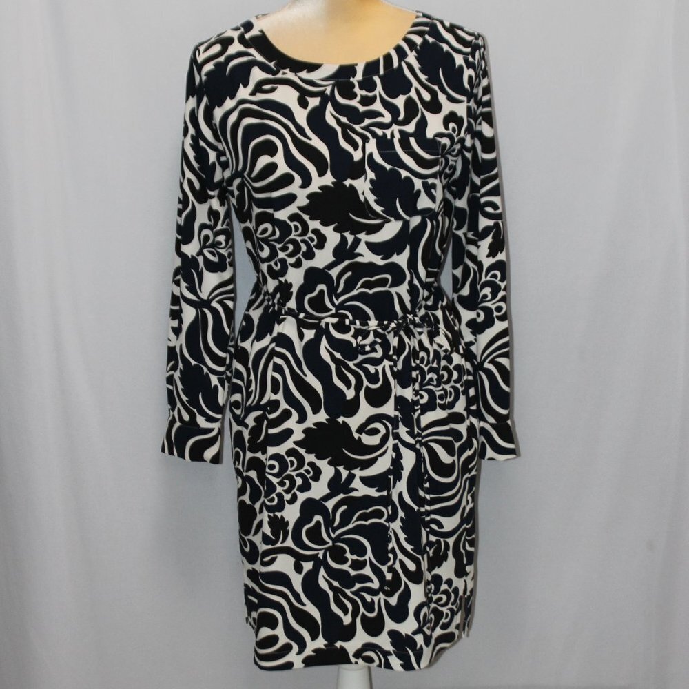 Loft Navy Black and White Long Sleave Straight lined Floral Dress with Tie - Picture 1 of 13